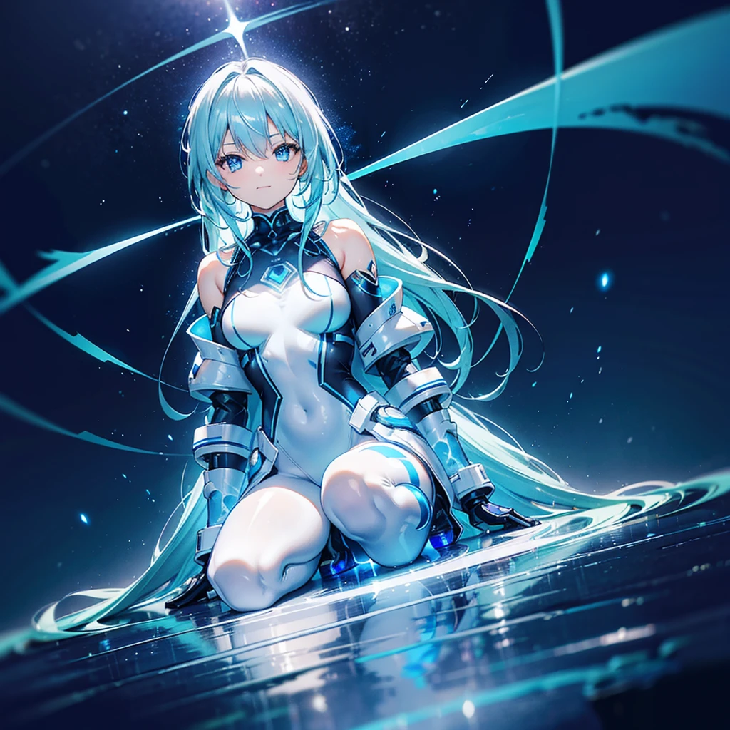 ((Holographic glow effect)),8k, Highest quality, (real:1.4), Original photo, 1 person, Asari Hair, Biological Amplifier, Very sleek and futuristic armor, posture: Peace talks between warring factions,,attention arousal, smart blue eyes,A modest smile,Knee-high boots,Patent-look blue tights,Blue big moon and blue light swirl in the background,Blue light from behind,blue light magic,A small, glowing blue ball in the palm of your hand,Blue flame swirl,Blue Comet,Polished floor,