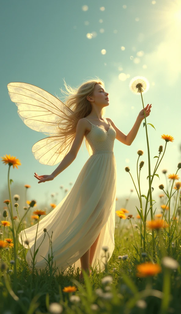 A beautiful fairy，On beautiful meadows，Grab the dandelion&#39;s handle with all your strength，Dandelion seeds are blowing in the wind