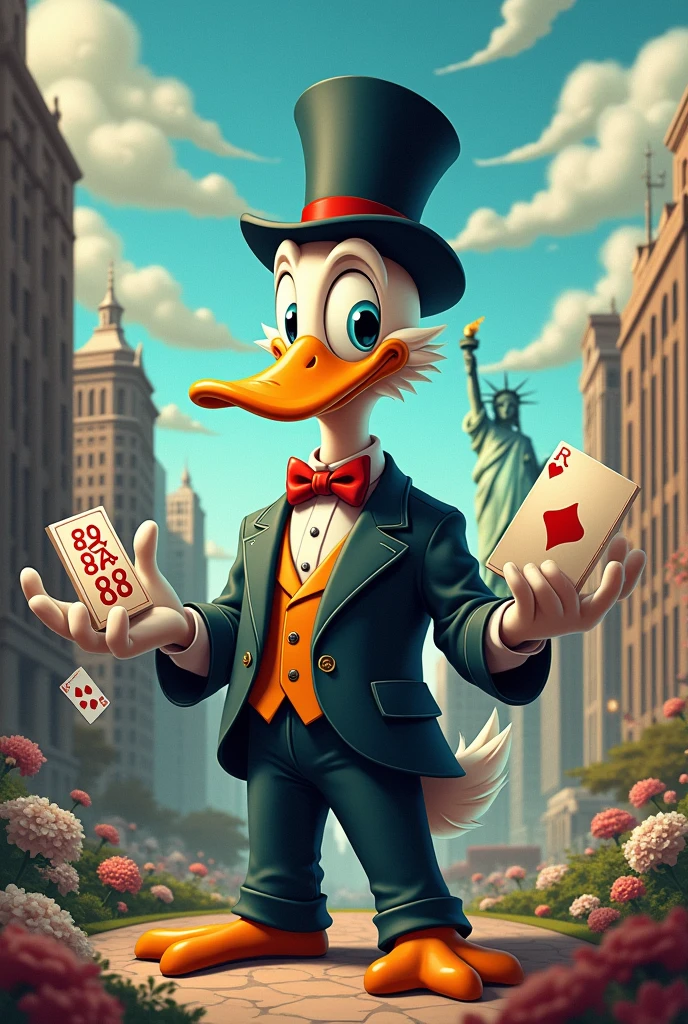 A club A spade card An 888 Rich Uncle Duck cartoon High rise buildings The Statue of Liberty