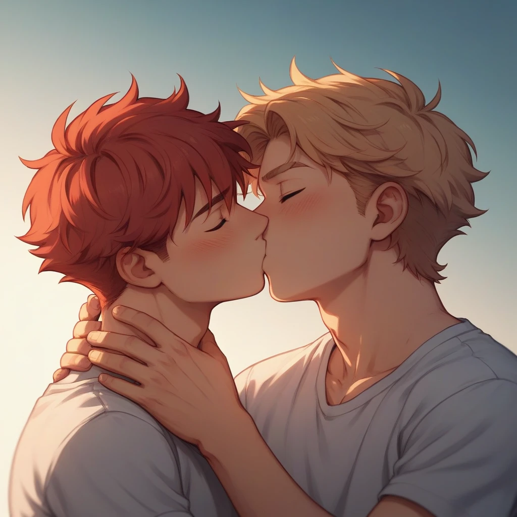 Mikke is a boy with long, brown, wavy hair.. his eyes are blue as the ocean. Mikke is about 1 and is half naked kissing his boyfriend.: Rick.. Rick is a 2 boy. Rick has straight red hair and his eyes are the color of honey.. Rick is also half naked while kissing Mikke.