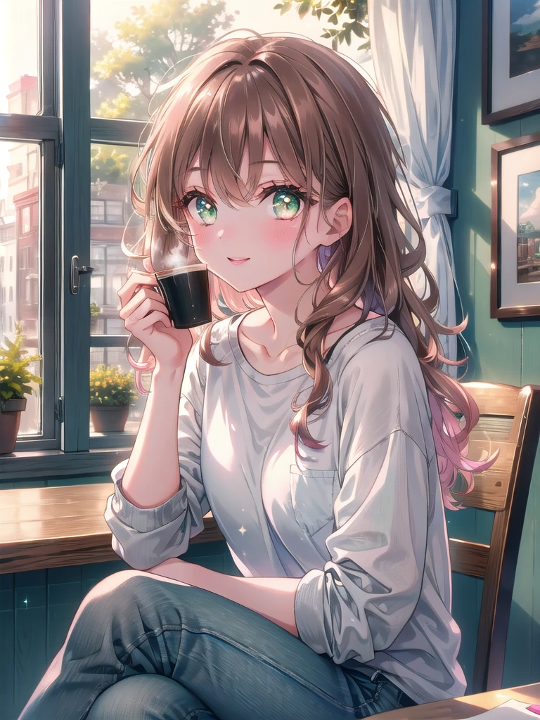 ((8k, Highest quality, masterpiece: 1.3)),Ultra-high resolution,(1 girl, alone), (Color changing eyes, Ultra-detailed, Expressive brilliance, Glitter, Glowing Eyes), Highly detailed eyes, Highly detailed face, Random Hair, ((pastel colour))The woman, with shoulder-length curly brown hair, is sitting at a small table in a cozy café, enjoying a cup of coffee. She’s dressed in a fitted grey T-shirt and high-waisted jeans, her expression content as she looks out the window. The café is filled with warm, natural light, with a soft hum of conversation in the background. Her green eyes occasionally meet the camera with a relaxed, happy smile, capturing the peacefulness of a quiet afternoon out.