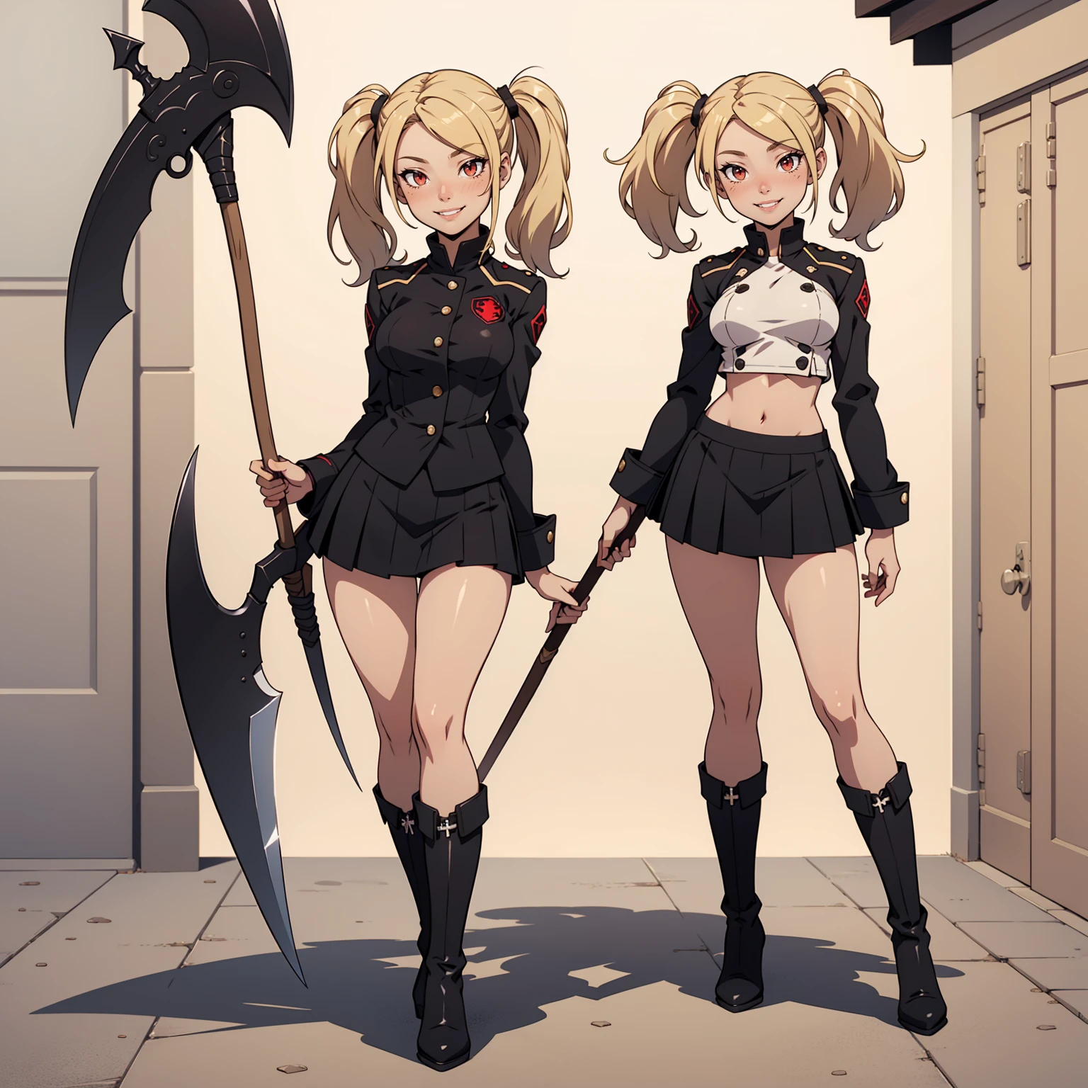 Very detailed, smiling facial expression, figure, full body view, small breasts, blonde hair with twintails, red eyes, looking at viewer, black uniform, skirt, black boots, holding scythe, sexy pose.