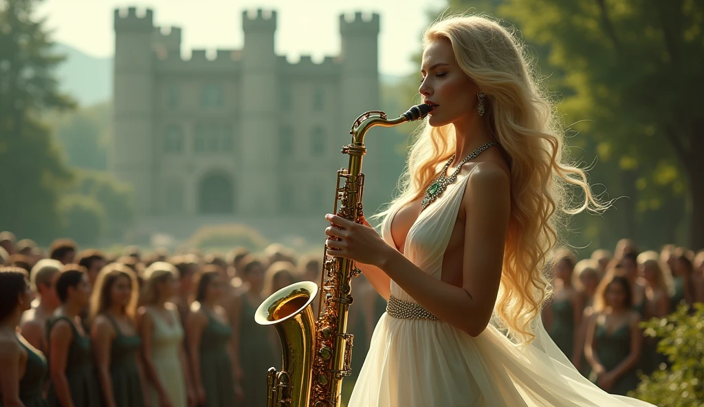 A fantasy, beautiful girl playing Saxophone, ((she's wearing a white sheer transparent sexy dress)), she has (BIG large breast and long blode hair, her dress is very low cut revealing clearage, ((nude)), she is wearing emeralds and silver Jewels, there is an Irish castle in the background, she is the most beautiful woman in the world, with a soft smile, the is a warm light, there is a large crowd of people around her