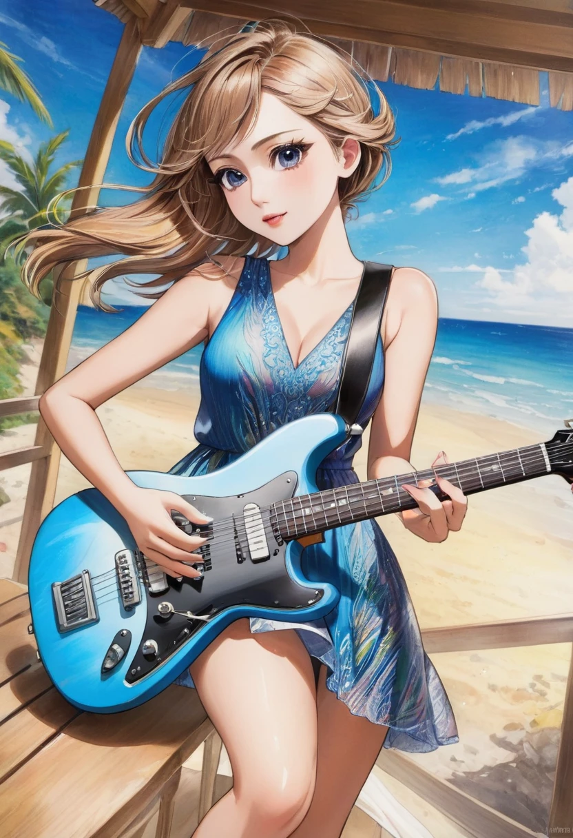 a beautiful woman in a sleeveless dress, elegant dress playing electric guitar, creative, Stage at the seaside、art, colored pencil drawing, detailed face and eyes, long eyelashes, delicate features, serene expression, natural lighting, vibrant colors, intricate textures, 8k, masterpiece, digital art、photorealistic,