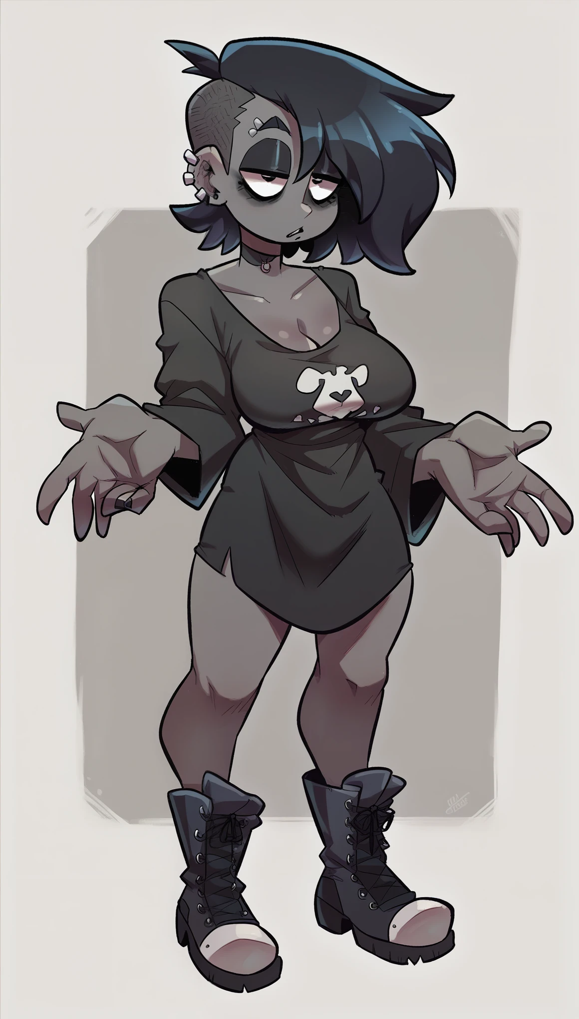 Anthro, femenine body, , breasts, femenine face, black furry hair, (black furry body), SCP-1471, (mal0 SCP skullwolf)), (hooker pose), ((bondage harness), big thighs, looking at viewer, standing pose, (touching on breast with one hand), (bitchy posture), head turned to side, solo, black fur, (nude), lineart, ((vore)), vore belly with a person inside of the stomach struggling, characte concept