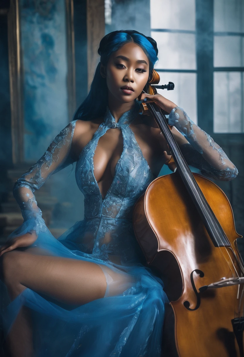 (Nigerian-Korean woman)+++, 2, sitting playing a cello, cello between her legs, provocative pose, (ethereal appearance)+++, beautiful model, busty, wearing transparent clothes, long blue hair, (smoke effect)+, highly detailed, surreal photo, photorealistic, cinematic, 8k