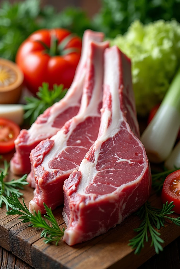 Make a picture of a rack of pork: raw but with a lot of meat, that the bones of the cut can be seen. With a fairly bright background color. Vegetables such as onions accompanying, leeks, tomato and lettuce. Some of the vegetables should be cut in half