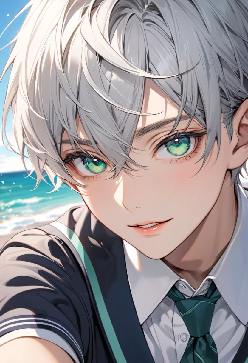 High quality, detailed, solo focus, young boy, high school boy, Silver hair, Transparent sea green eyes, intense gaze, alluring, looking at the camera, highlights, detailed eyes, parted lips, small sweet smile, detailed lips, Short silver hair, hair streaks, beautiful boy, perfect face, wearing a prestigious school uniform,