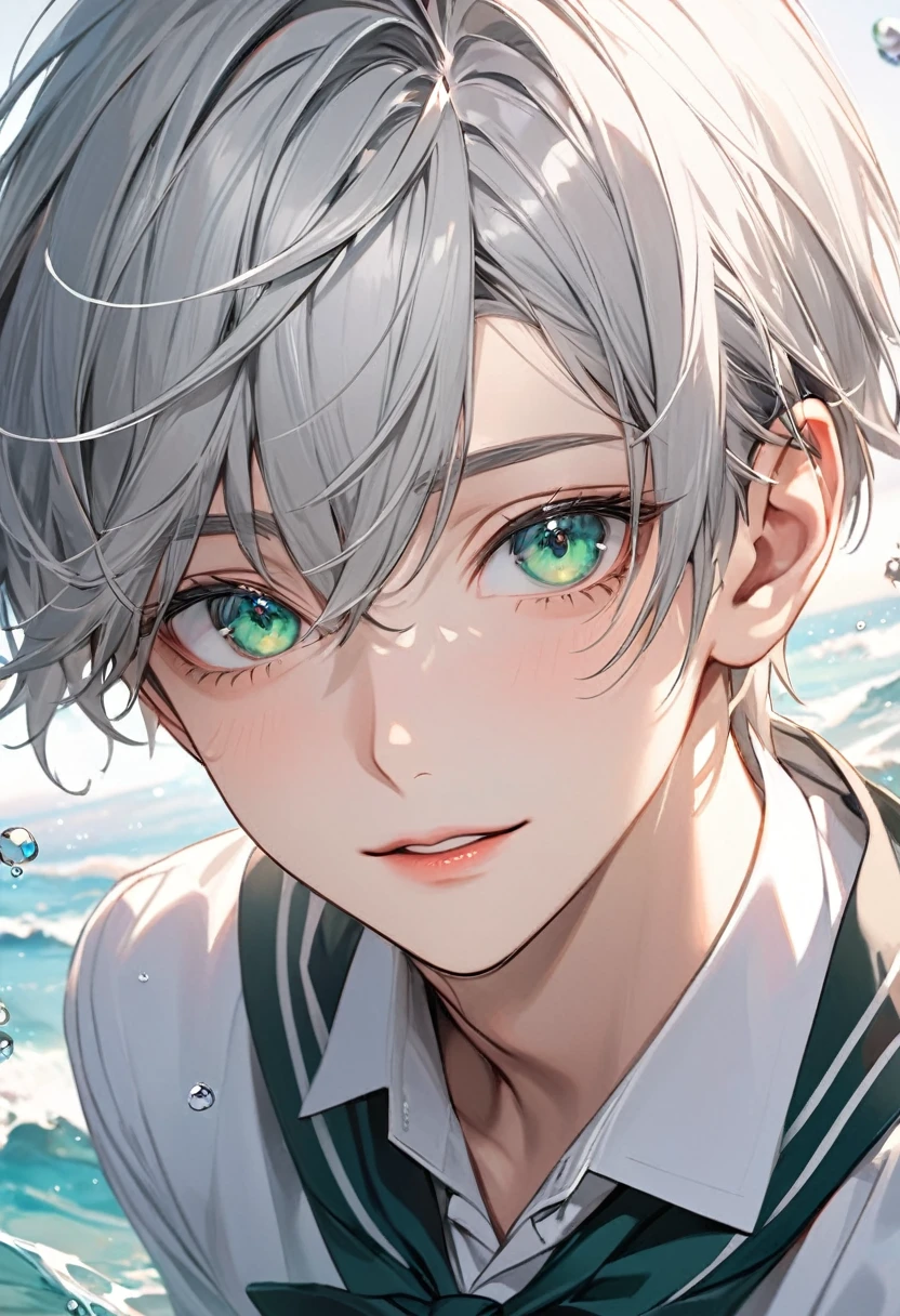High quality, detailed, solo focus, young boy, high school boy, Silver hair, Transparent sea green eyes, intense gaze, alluring, looking at the camera, highlights, detailed eyes, parted lips, small sweet smile, detailed lips, Short silver hair, hair streaks, beautiful boy, perfect face, wearing a prestigious school uniform,
