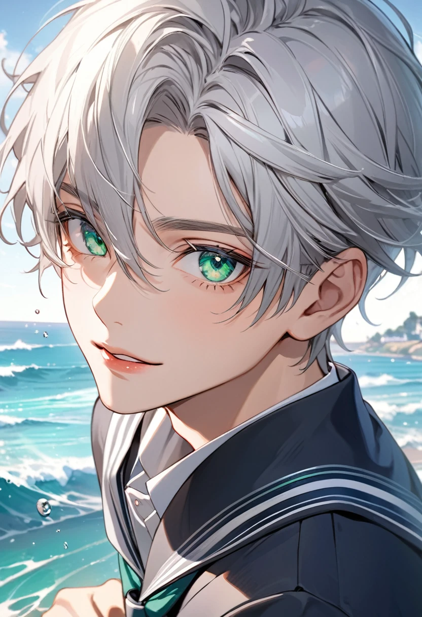 High quality, detailed, solo focus, young boy, high school boy, Silver hair, Transparent sea green eyes, intense gaze, alluring, looking at the camera, highlights, detailed eyes, parted lips, small sweet smile, detailed lips, Short silver hair, hair streaks, beautiful boy, perfect face, wearing a prestigious school uniform,