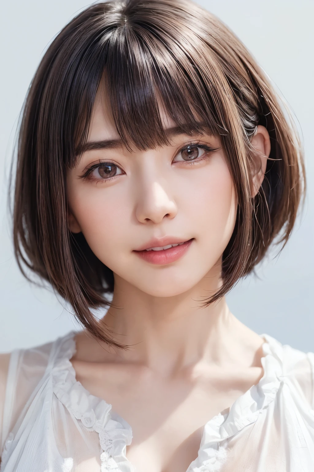 (software:1.8、masterpiece, Highest quality),1 person, alone, hyper Realistic, Realistic,Realistic, Looking at the audience, Light brown eyes:1.4,Brunette Short Bob Hair with highly detailed shiny hair, Brightly colored winter clothes, Lepangas:1.4), Outdoor, Mouth closed, Upper Body、big chest eye、eyelash、{Hugeな|big chest|Hugeなな|Mega} whole :2, chestの谷間:2、(((big chest eye、Short Bob Hair、Highlights from Students、Looking at the audience、She is very beautiful and cute、Show me your ears、Long neck、smile、Close your mouth and smile、Bangs and beautiful teeth)))、Ideal body type、（Nothing is drawn、A very beautiful pure white background:1.6）、美しいLong neck:1.4、(({Huge|big|Hugeな|Mega} chest, chestの谷間:2、Upper Bodyは服を着ていない:1.6))、(((Portraiture:2)))、Perfect Anatomy