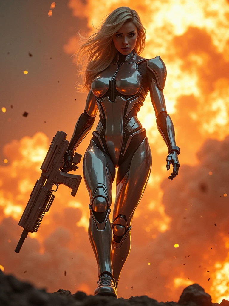 robotics woman with metallic body leggings, with a gun, Atomic explosion atmosphere, lighting from various angles, Detailed photorealism