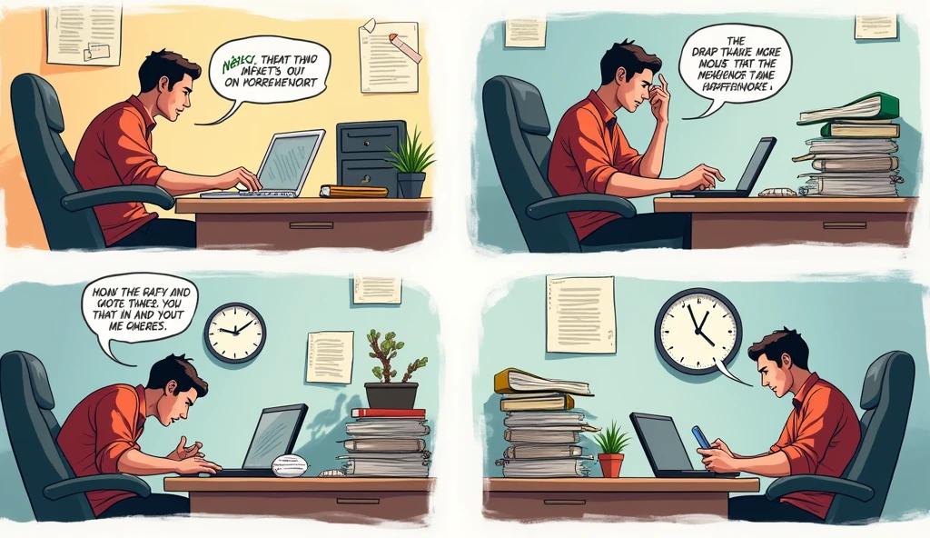 
**Panel 1: The Perfectionist**
- **Scene:** A tidy desk with a person sitting upright, fully focused on their work. The clock shows 9:00 AM.
- **Text Bubble (Perfectionist):** "This report needs to be flawless... Let's double-check everything!"

**Panel 2: The Procrastinator**
- **Scene:** A messy desk with a person lounging back in their chair, scrolling through their phone. The clock shows 9:00 AM.
- **Text Bubble (Procrastinator):** "I’ll start in 5 minutes... Maybe after this one last video."

**Panel 3: The Perfectionist (Later)**
- **Scene:** The perfectionist is still at the desk, sweating, with multiple drafts of the report around them. The clock shows 5:00 PM.
- **Text Bubble (Perfectionist):** "It’s almost perfect... just needs one more tweak!"

**Panel 4: The Procrastinator (Later)**
- **Scene:** The procrastinator is now frantically typing on their computer. The clock shows 4:55 PM