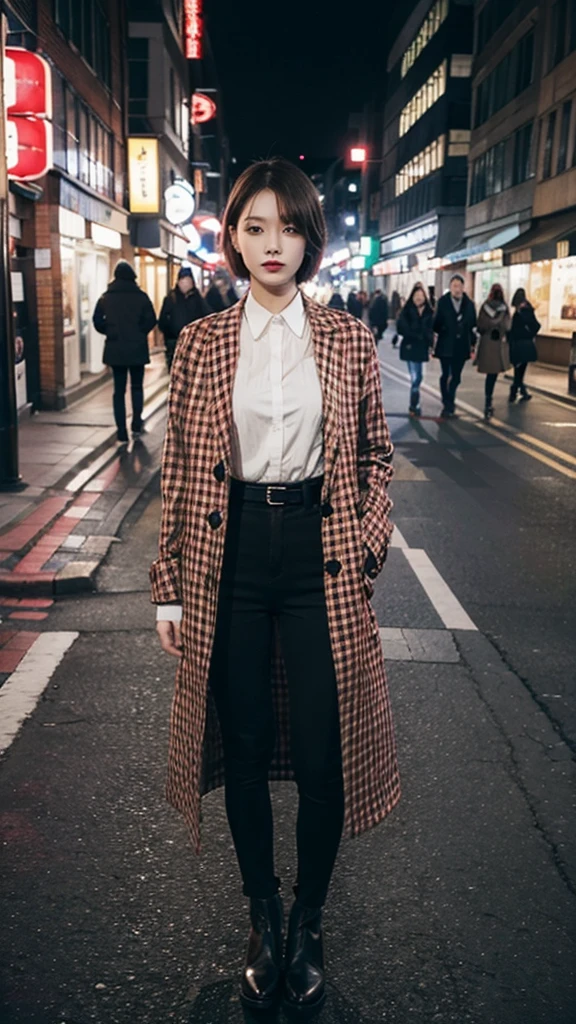 wearing red checkered long coat, Bewitching eyes, well-balanced eyes, //street snap // ((facing viewer)), //at the street, //japanese lady, pale skin, //short hair //((standing)), high quality:1.3, Professional lighting:2.0 realistic:1.2, 4k resolution, detailed skin, masterpiece:1.1, big breasts, full body,