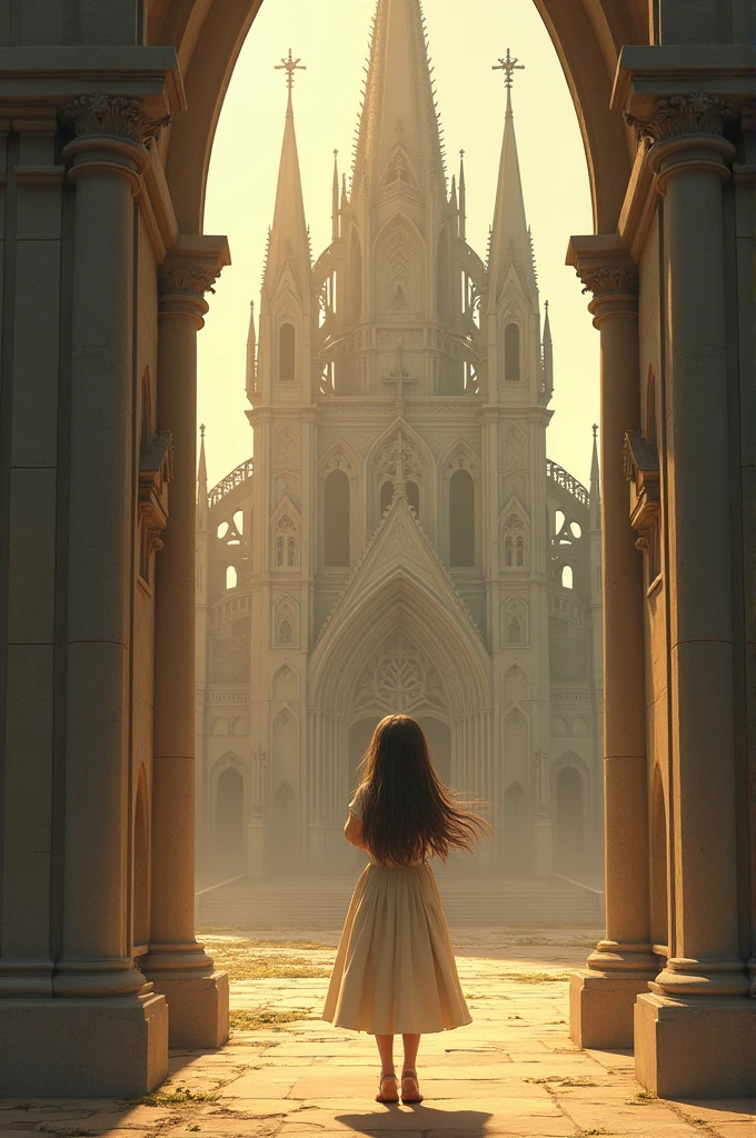 A girl in front of the church