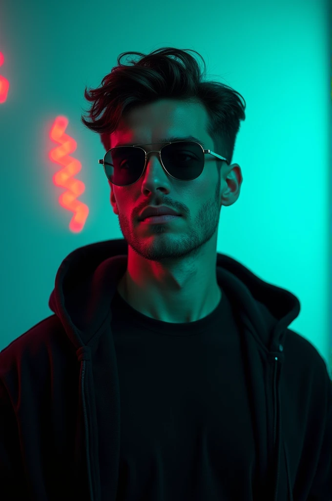 A young handsome Man With Dark hair and black sunglass. He is Dressed in a black hoodie over a black t-shirt The man is positioned against aqua colour backdrop with a subtle red lightning on the left side and