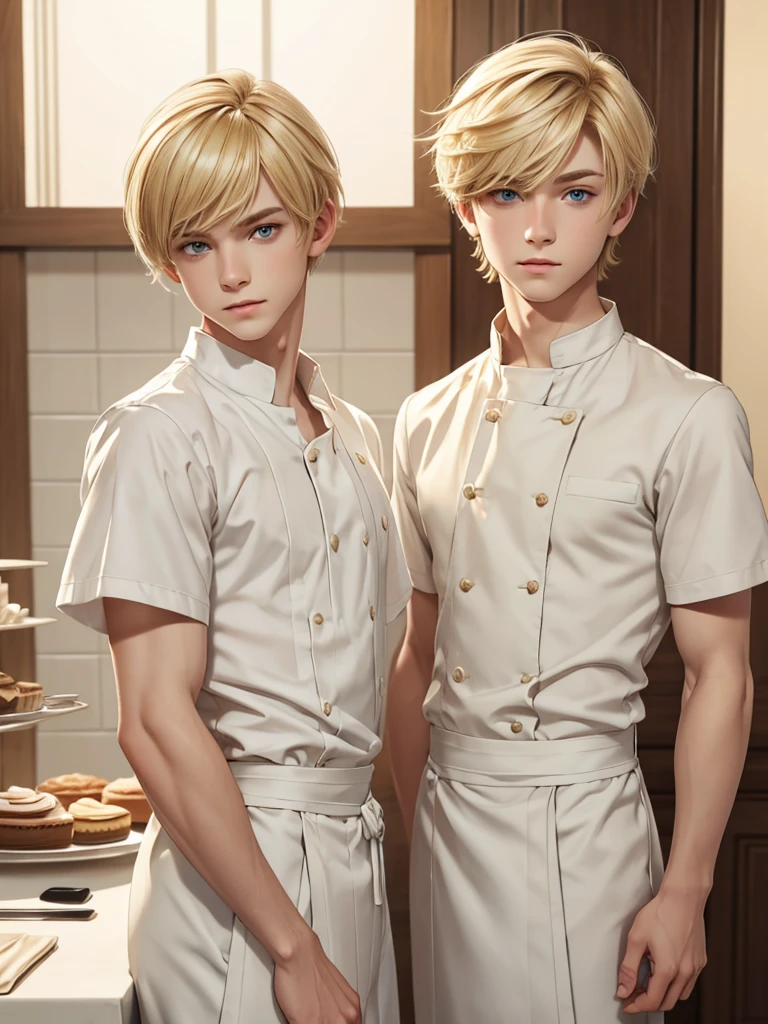 (best quality), 1boy, male, porcelain skin, blonde hair, short hair, straight hair, swept bangs, brown eyes, perfect eyes, patissier uniform, skinny body, masterpiece, anatomically correct, highres
