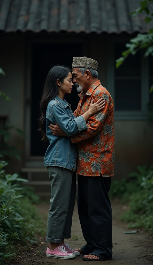 A 60 year old Indonesian man, wear a peci, baju batik dan long pants, sitting sad face while hugging beautiful Indonesian woman, fair skin, big nose, long wavy hair, wearing a denim jacket, long pants, wearing pink sneakers, sad face, in front of the village house, in the dark night, minimal defects, very detail, realistic, 8K picture