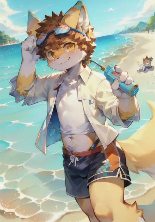 White male cat，boy，cute，Q version，Goggles，Big furry tail，Hairy pads，，Golden Eyes，，Detailed background，On the beach，Wear a bandana，Open floral shirt，Blue floral shorts，sunny，seaside，Water gun in hand，Smile happily