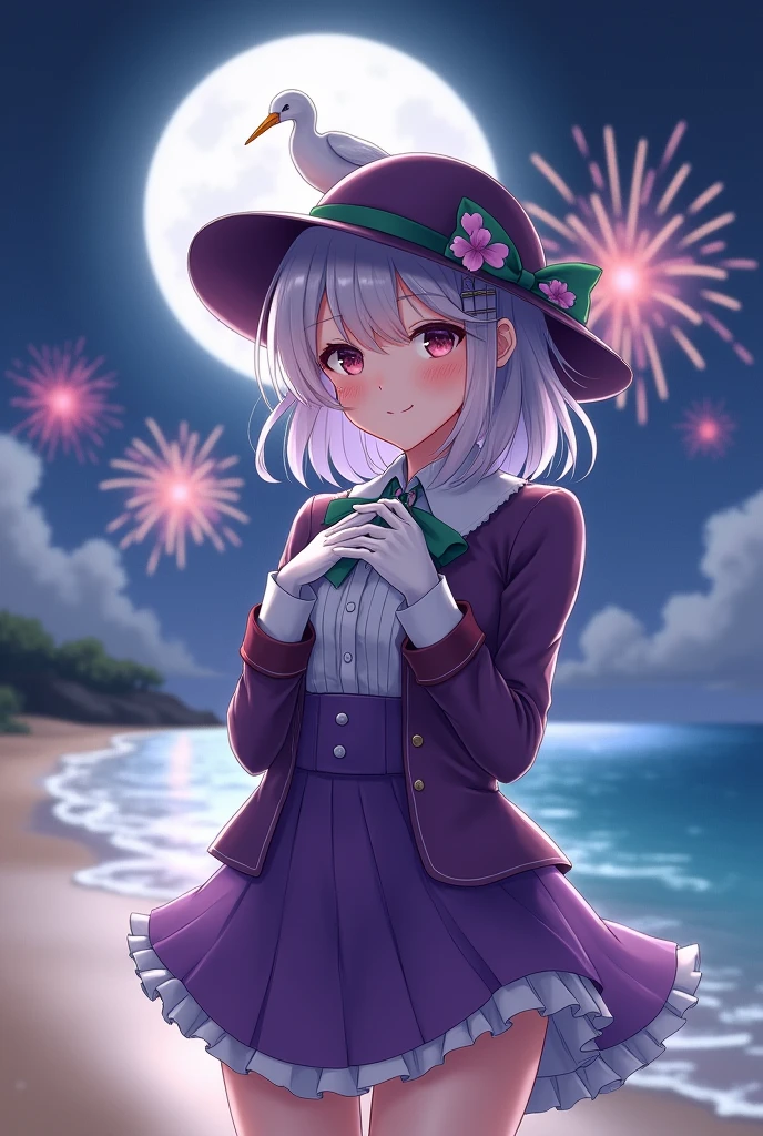 masterpiece, best quality, musse egret, purple hat, hairclip, green ribbon, purple jacket, white gloves, belt, purple miniskirt, upper body, blushing, smile, looking at viewer, beach, night, moon, fireworks, hands to chest