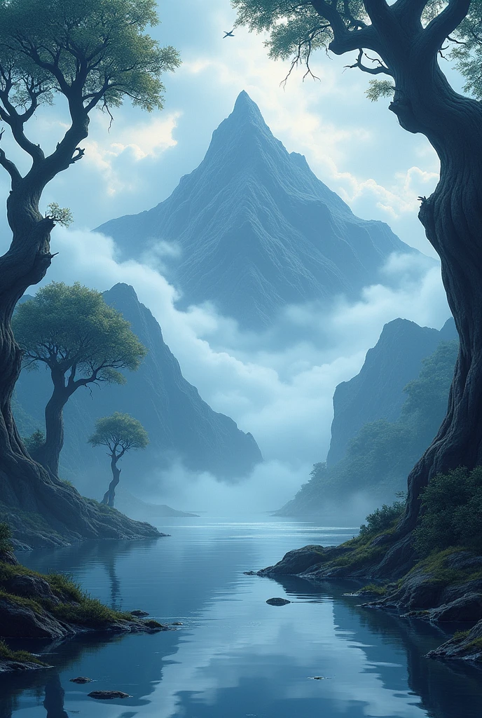 Envision a cloud-covered mountain peak, shrouded in a veil of mist. Ancient trees twist and turn, their branches gnarled and weathered. A small, windswept lake reflects the sky, creating a mirror-like surface. The air is cool and crisp, filled with the sound of birdsong and the distant rumble of thunder. anime style