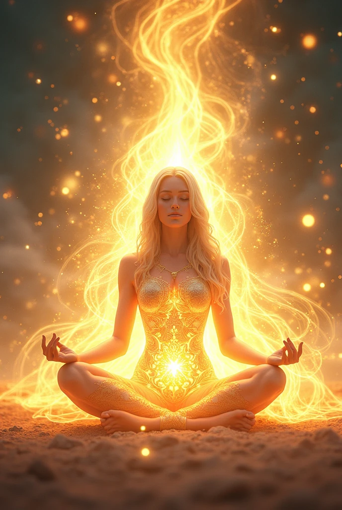 Goddess of light meditating, your body enveloped in energy, Powerful Ki.