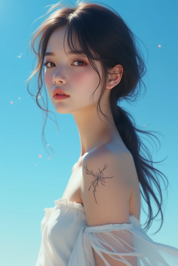 Girl , sakura , tattoo , blue sky , young ,tattoo on shoulder ,  tattoo