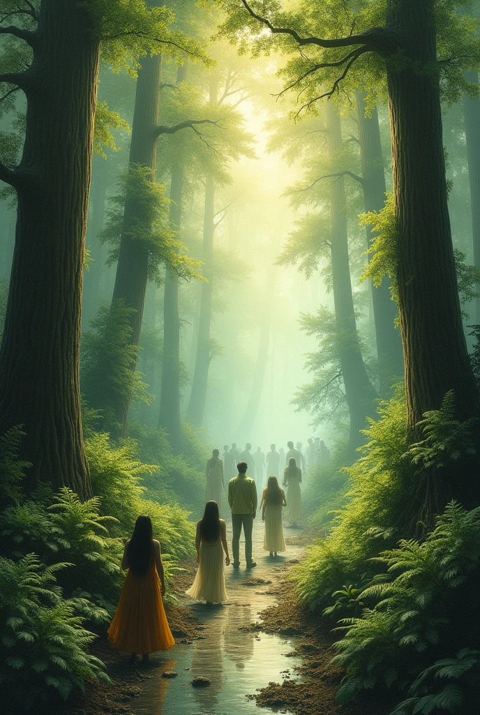 Drawing of people in a forest with time warped