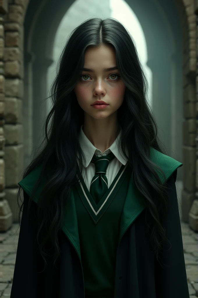 Long black haired brunette girl wearing Slytherin uniform 