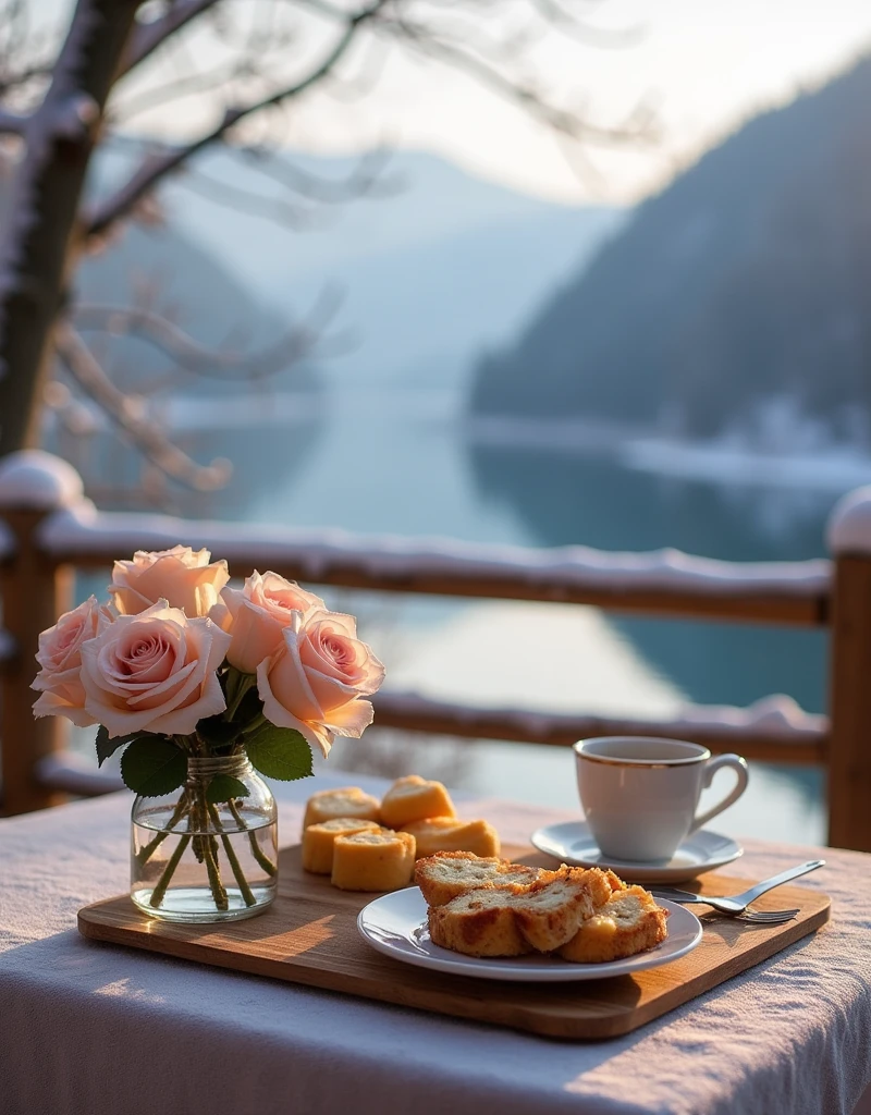 Cozy outdoor terrace in winter, Roses on the table,cozy cabin, Stunning views of the lake from above, Very delicious breakfast, Tee