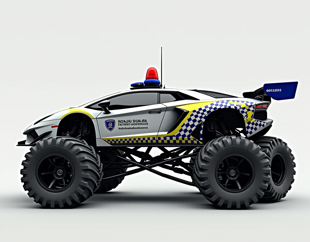 Lamborghini white car,monster truck siren blue red. Chequered Flag blue yellow stripeon the lower door." Police Diraja Malaysia "stripe on the car.rocket booster. Rocket bunny. High spoiler car