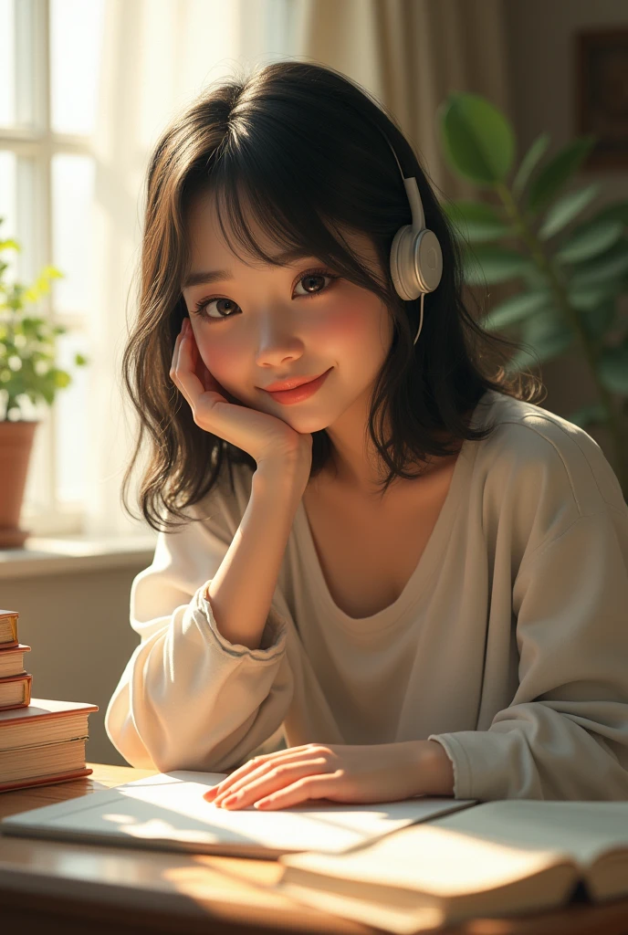 beautiful asian girl with round square face, shoulder length hair, wearing headphones, smiling, wearing home clothes, studying at her desk in her room in the morning with lots of sunlight