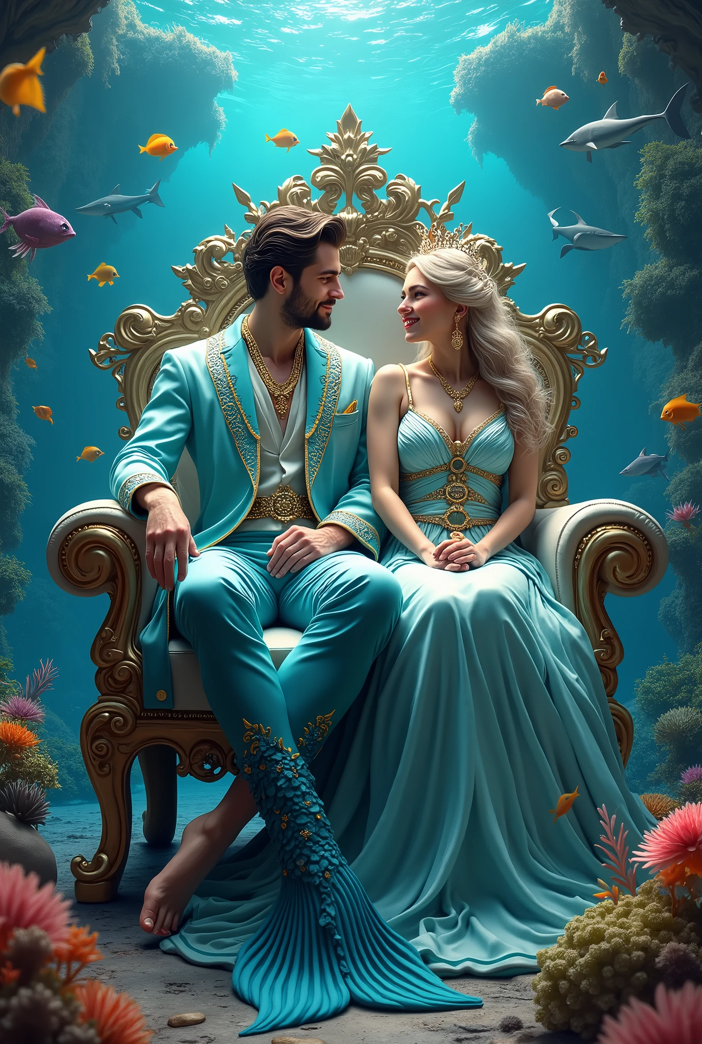 Ultra-realistic detailed face and eyes of beautiful King and Queen of the sea wearing masterpiece mermaid robes, both are sitting on the legendary chair of coral garden in the magnificent palace with impressive vivid colors, both have happy smiles looking at tropical fish, sharks, octopus and crabs, super sharp portrait face, super detailed, masterpiece, UHD, 18K