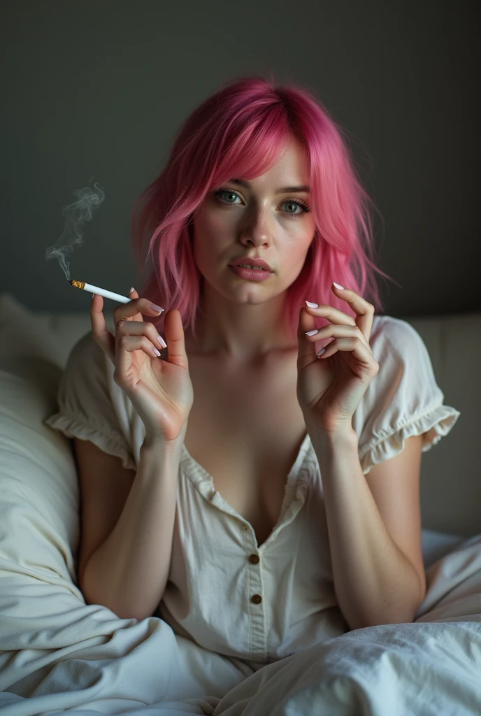 Pink hair girl in hand cigarette she is
 sleep on bed his age 21