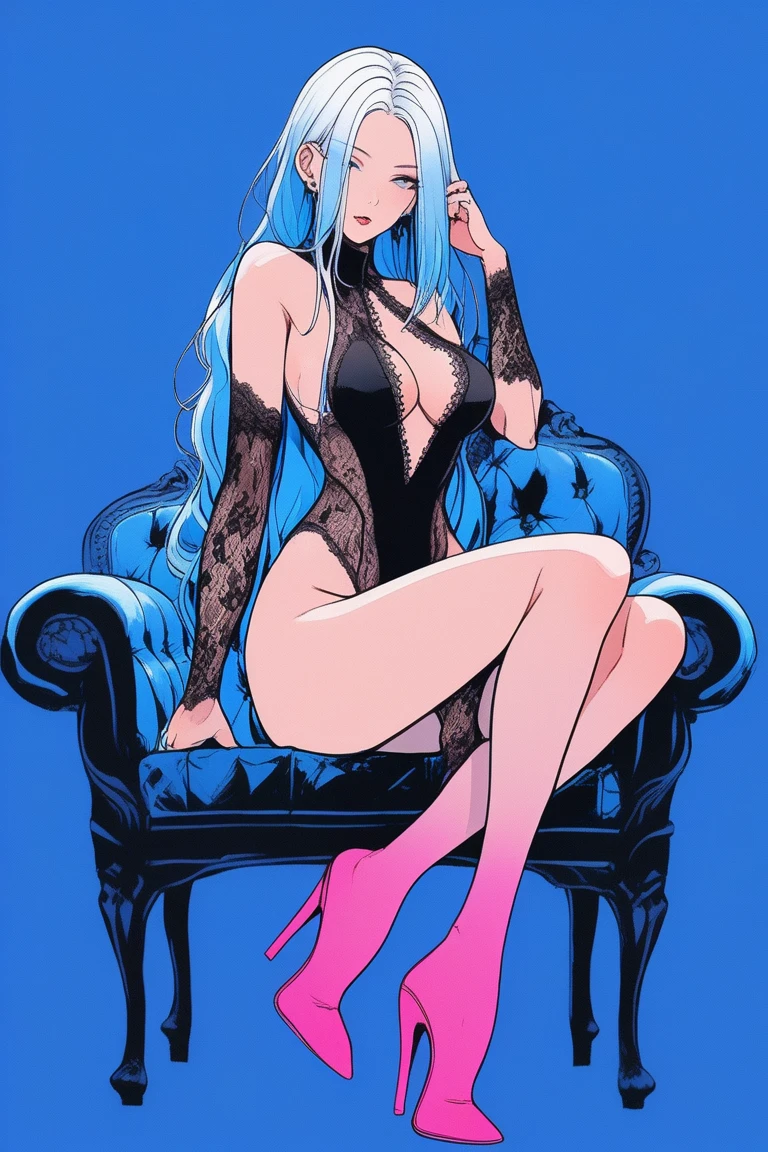 Illustrator, anime , Realistic ,sketch , 1 person, model, lip,(High detail high cut plunging lacey bodysuit:1.3), order, Blue gradient background, Neon colored hair, Big Breasts, whole body, ((Sitting in a chair、Spreading her legs wide)), Sexy look, Sexy pose, Texture Trim, Russia, (masterpiece,Highest quality)
