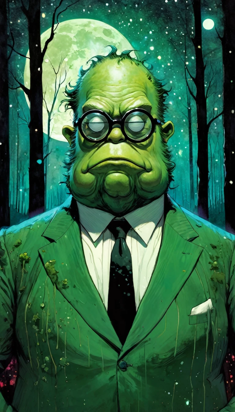 portrait, elegant picture frame, monster, fat man, dirty green mucus suit, elegant Victorian era suit, one-eyed glasses, sinister forest background at night, with stars and nebula, art inspired by Bill Sienkiewicz and Dave McKean