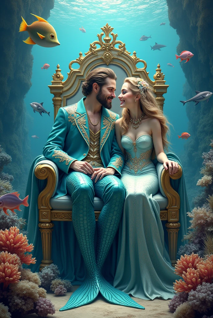 Ultra-realistic detailed face and eyes of beautiful King and Queen of the sea wearing masterpiece mermaid robes, both are sitting on the legendary chair of coral garden in the magnificent palace with impressive vivid colors, both have happy smiles looking at tropical fish, sharks, octopus and crabs, super sharp portrait face, super detailed, masterpiece, UHD, 18K