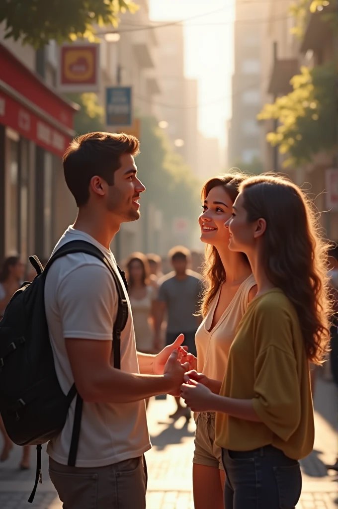 A young man talking to a young couple