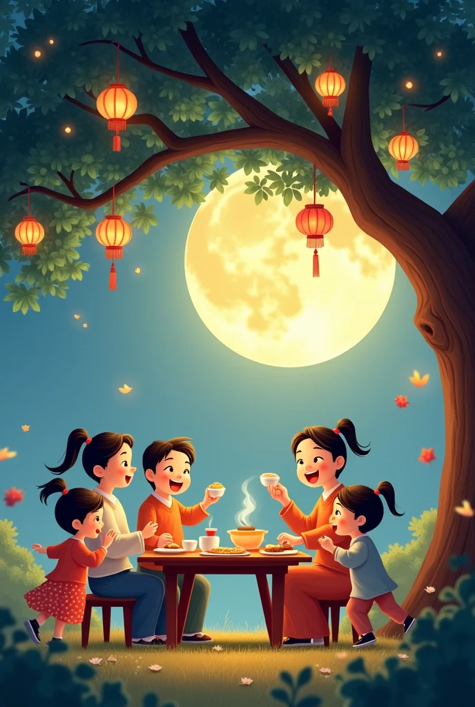 The whole family sat eating moon cakes under the tree and the moon was bright in the sky.. On the table there is tea, moon cakes and water for the children.. There are mid-autumn lanterns hanging on the tree and children running around also holding mid-autumn lanterns.. Happy atmosphere. Full of laughter