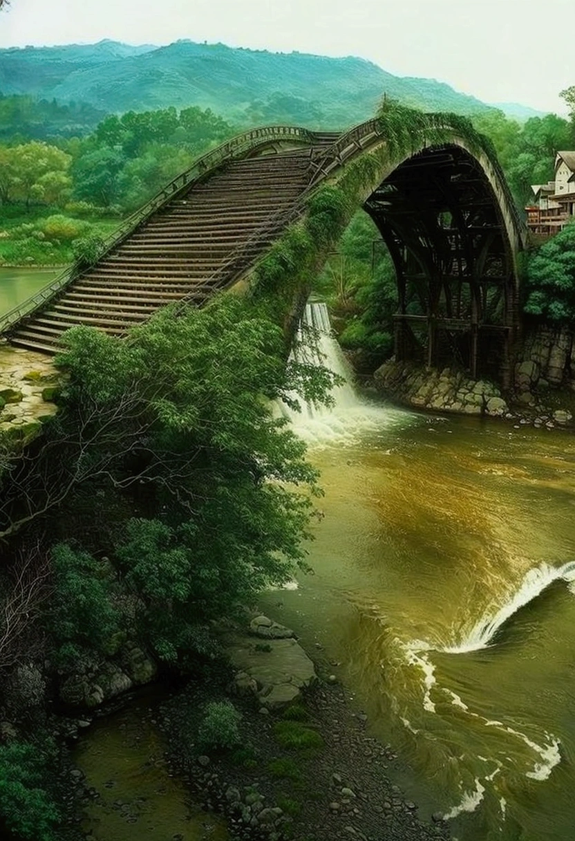 There is a bridge across the river，Waterfall on the river。, old bridge, Beautiful and mysterious, Very close to real nature, Stone Bridge, ancient&quot;, Incredibly beautiful, There is a river running through, Very, very very beautiful!!, very Very, very very beautiful!!, Can't believe this is real, crooked bridge, Wow，It's so beautiful, Cable bridge over the local river