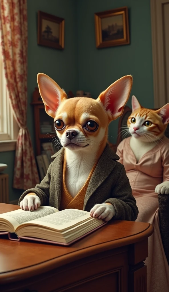 Image 2: The Chihuahua, with an exaggeratedly serious face, is studying a thick book labeled "Election Laws" at a desk, while the cat, in a glamorous gown, lounges on a chair, obviously bored