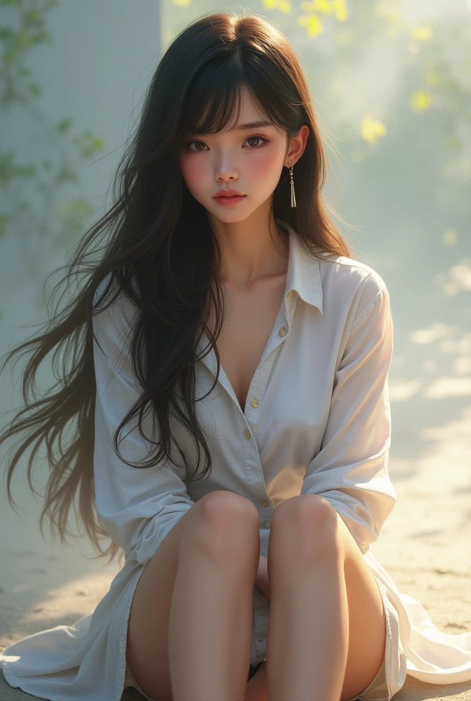 A beautiful girl is sitting on the ground, wearing a white shirt that shows off her great charms. Her hair is long and covers her chest, and optimism fills her features.