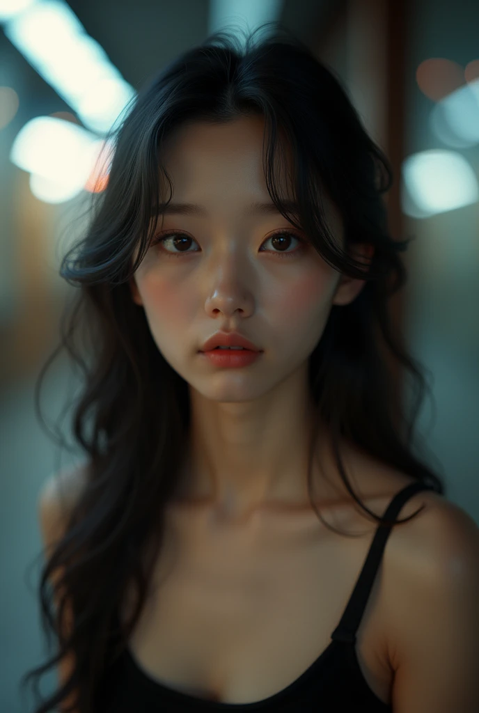 Beautiful Japanese girl, black tank top, up shot, real cinematic