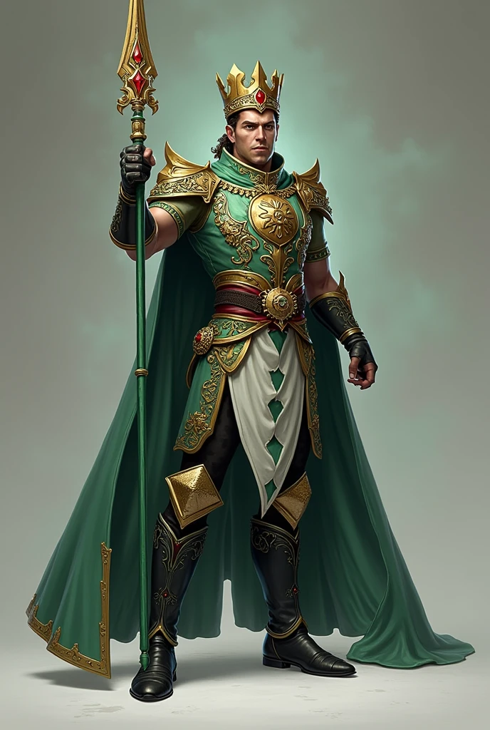 Character with a pale green rocker lance that he holds on his right hand decorated with bright red and black colored metal a crown on his head of gold with red a Soldier costume with black spots decorated with pale green and Prince decorations on his costumes black shoes decorated with very dark green and red a soldier prince pants with jewels on his neck is a dangerous fighter side as a soldier prince 