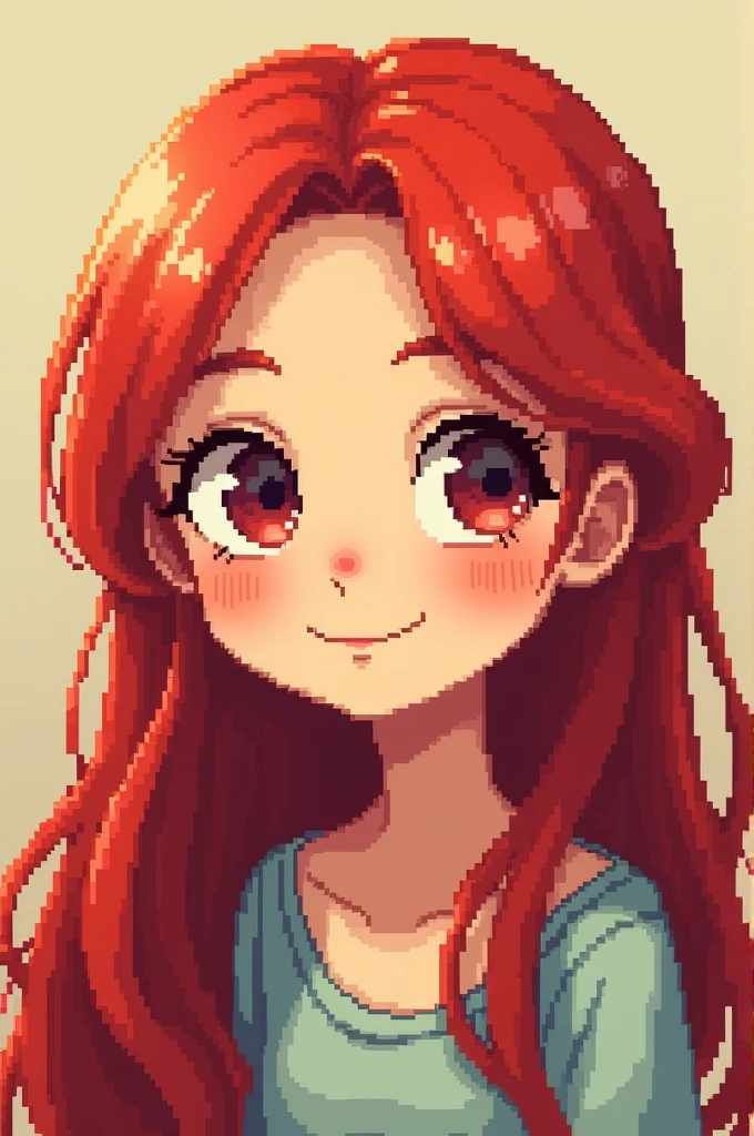 Create an image in the 8bit graphic style of a girl. A must be , and must have long red hair.