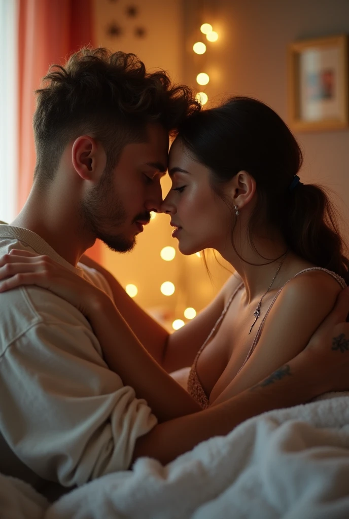 A young man and a girl sex in a bedroom.they are kissing each other