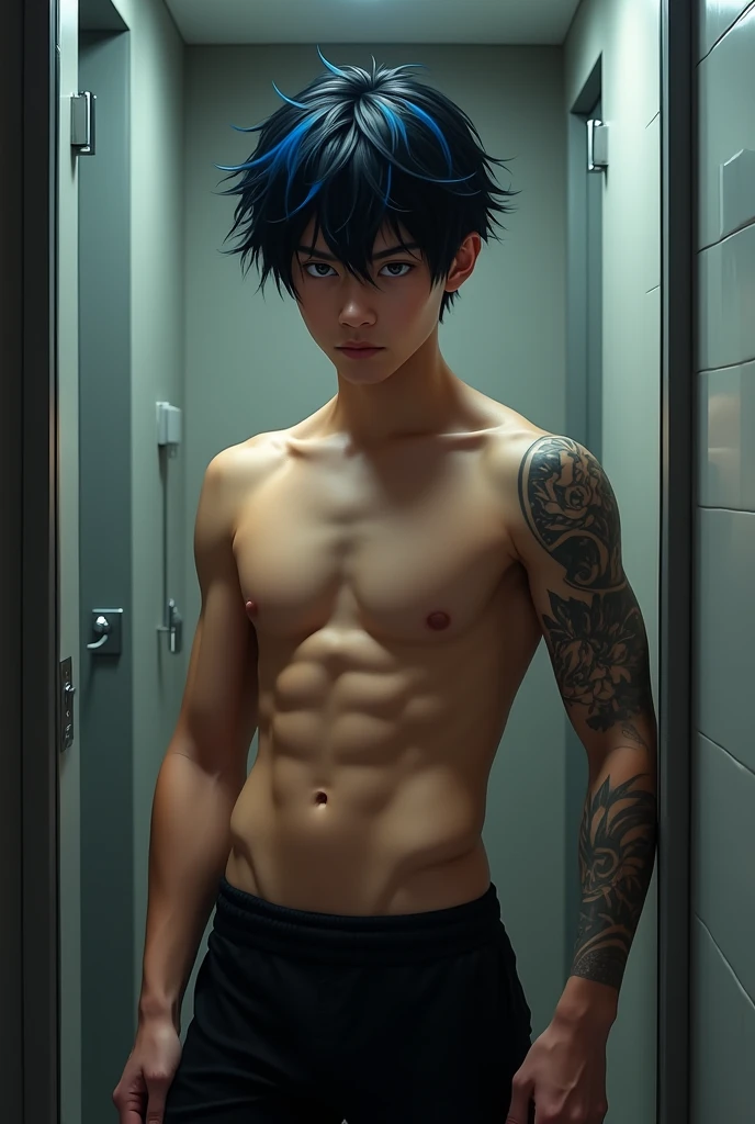 A black-haired boy with blue streaks and a big toned body is posing in a mirror in his bathroom without a shirt and only wearing black pants and with a tattoo on his arm and with a serious expression 