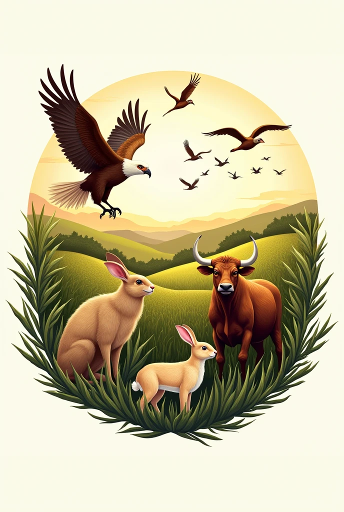 Image with various animals and birds in an agricultural company logo with the name rancho agrícola