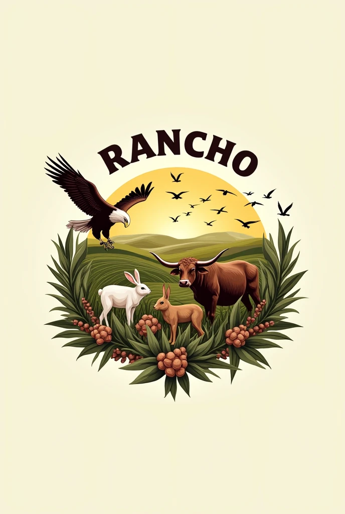 Image with various animals and birds in an agricultural company logo with the name rancho agrícola