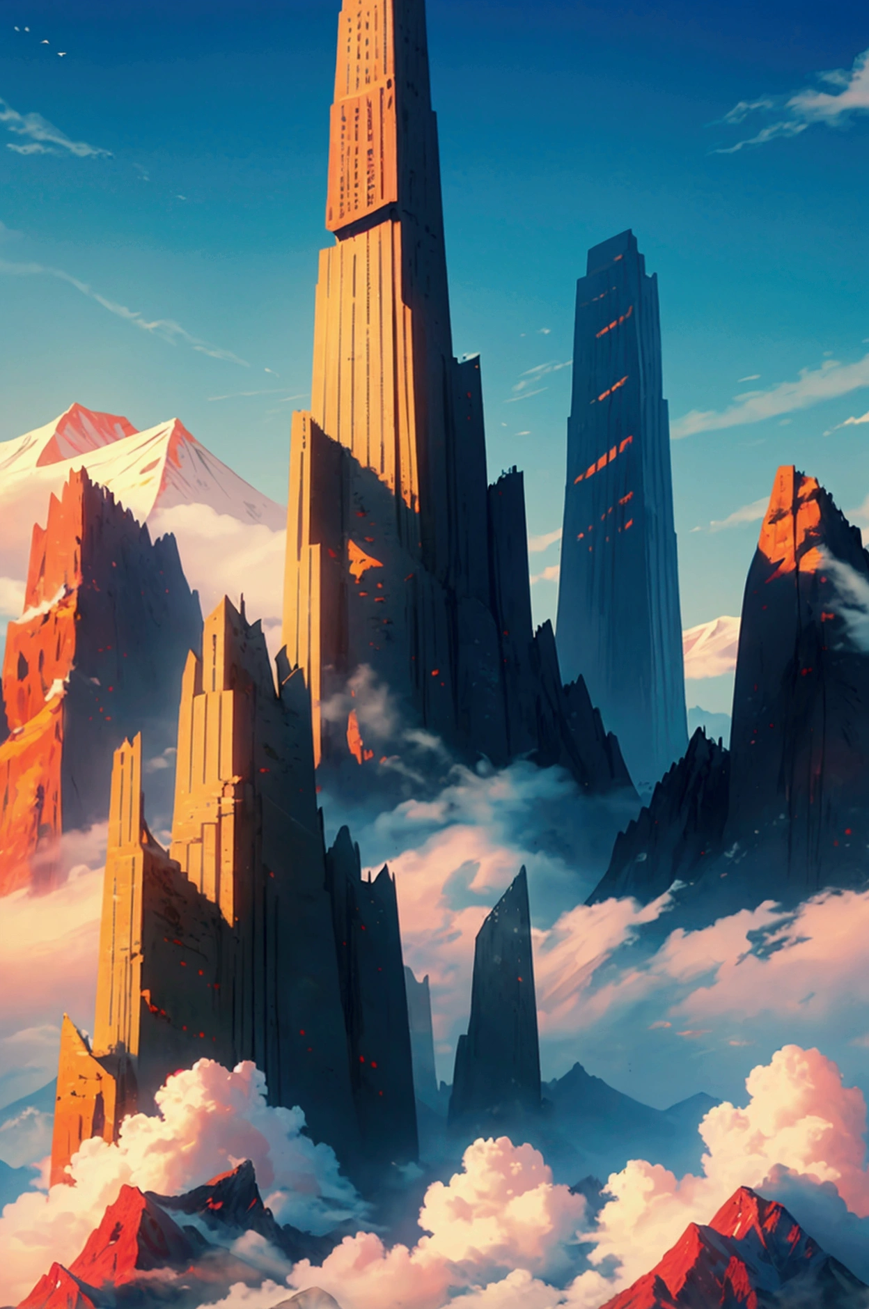 generate a 4k quality picture in style of illustration:a landscape of towering mountains, in the peak and body of the mountains smog are coming